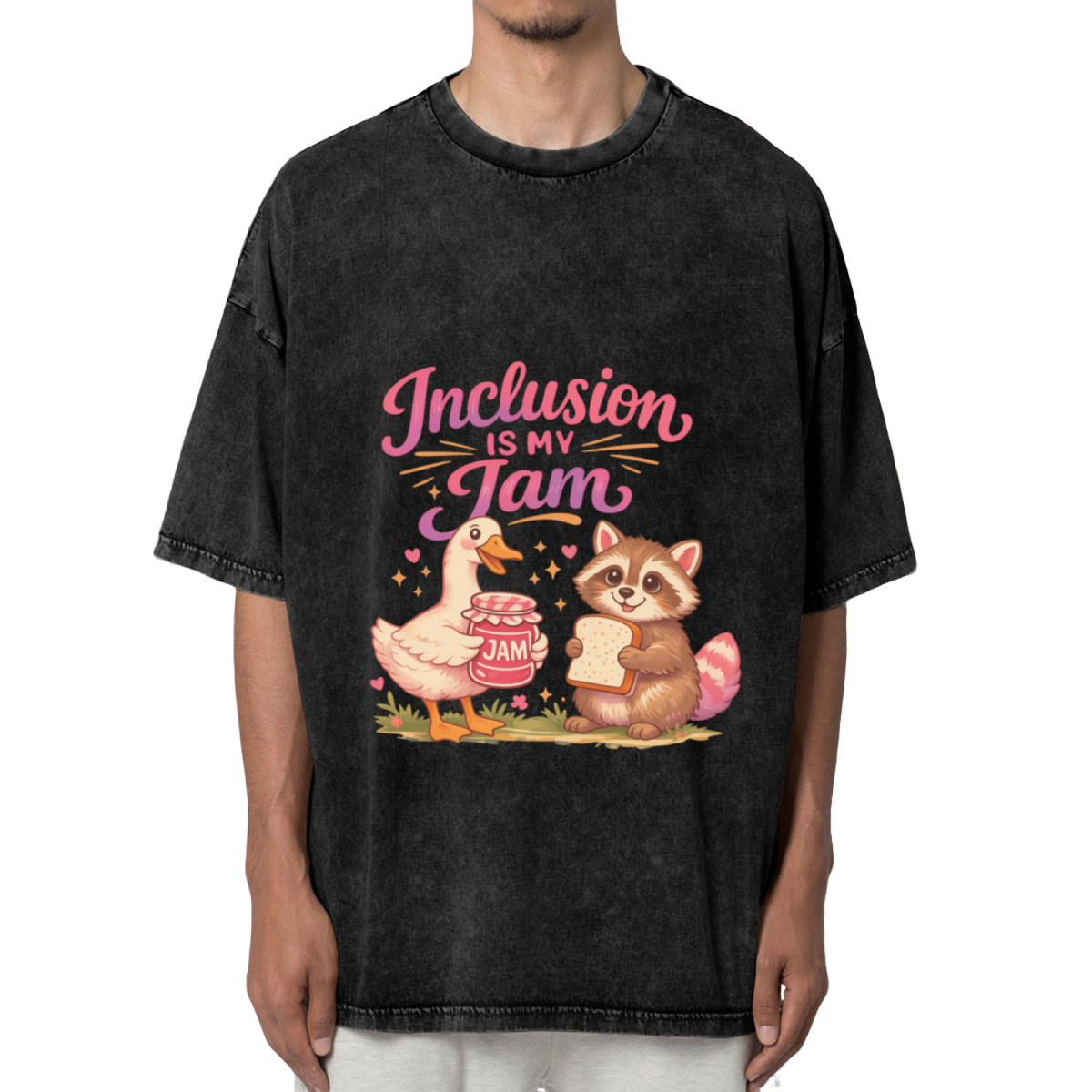 Unisex washed graphic T-shirt with Inclusion Is My Jam themed design, product image