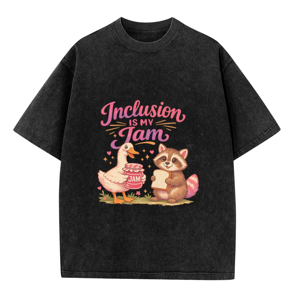 Unisex washed graphic T-shirt with Inclusion Is My Jam themed design, product image
