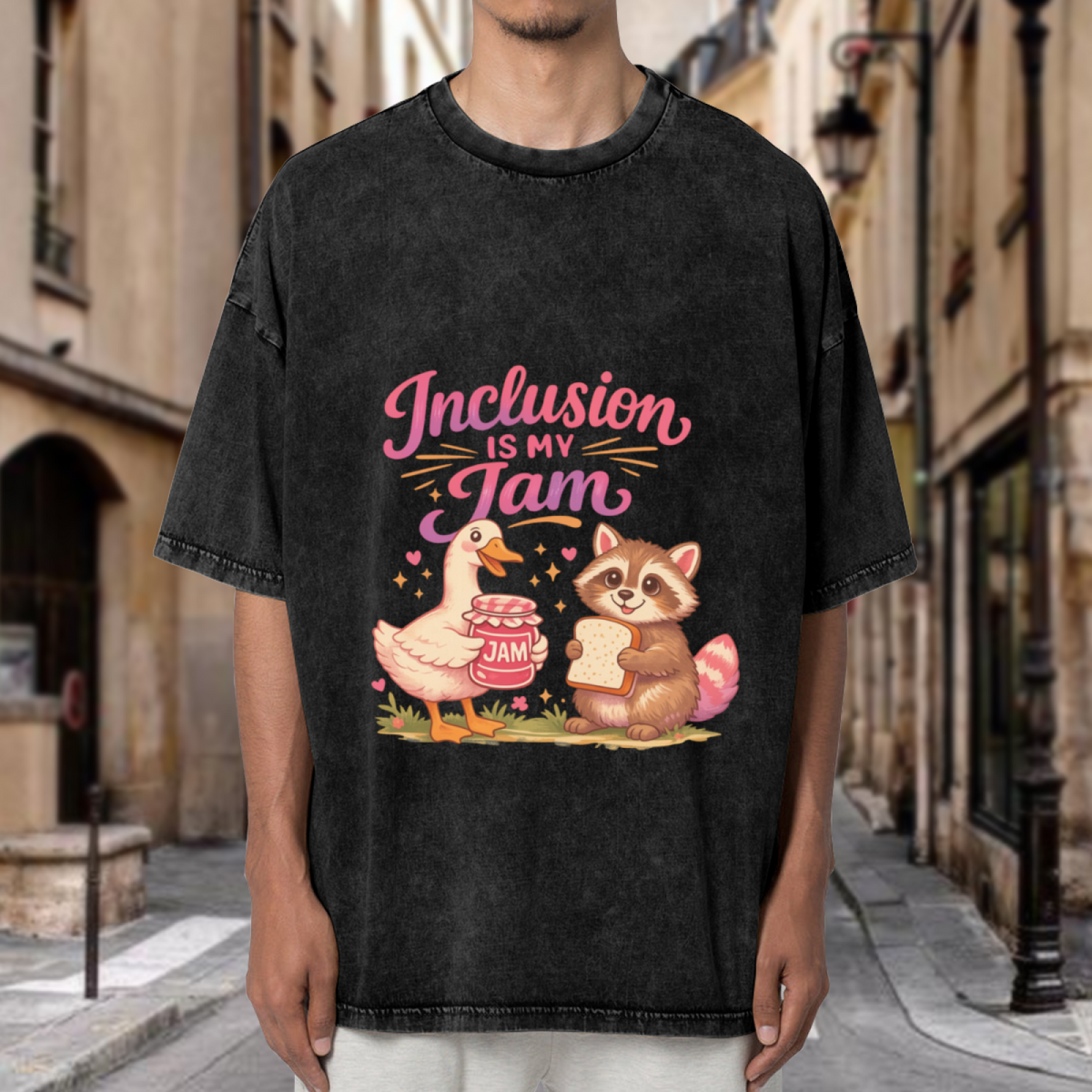 Unisex washed graphic T-shirt with Inclusion Is My Jam themed design, product image