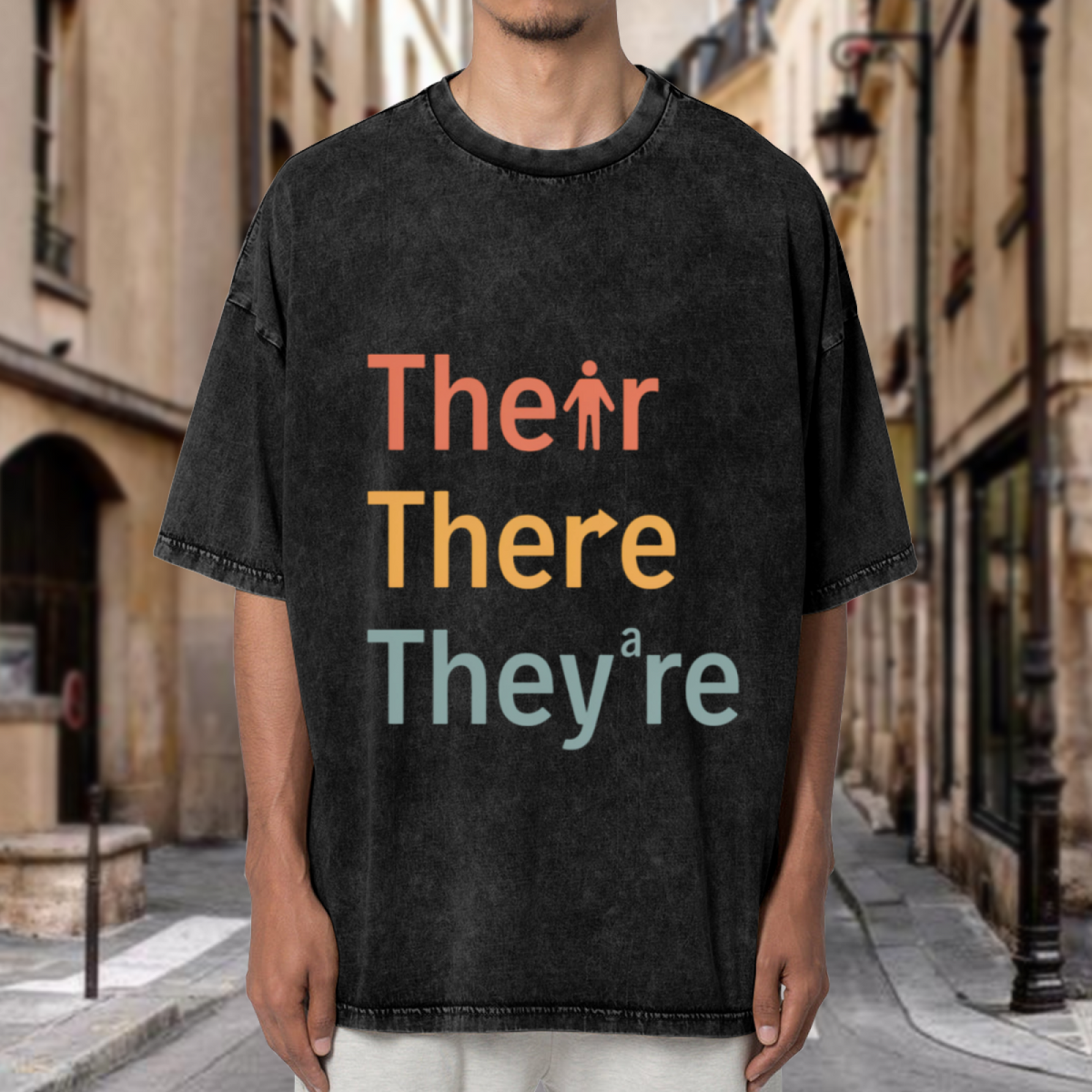 Unisex washed graphic T-shirt with Their There They’re Grammar themed design, product image