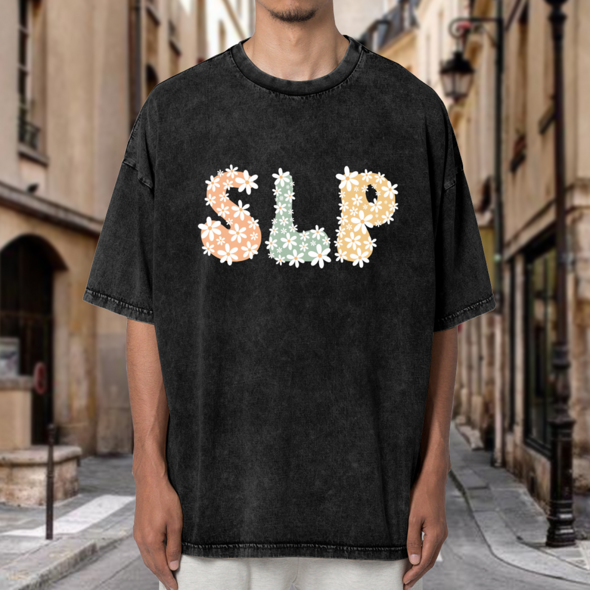 Unisex washed graphic T-shirt with Slp themed design, product image