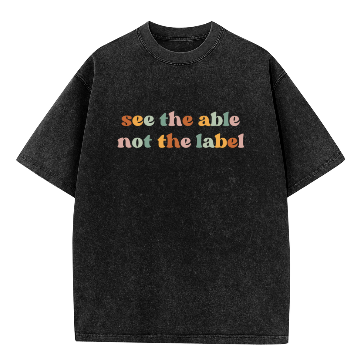 Unisex washed graphic T-shirt with See The Able Not The Label themed design, product image
