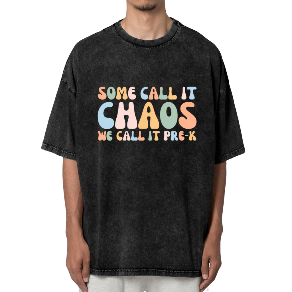 Unisex washed graphic T-shirt with Some Call It Chaos We Call It Pre-K themed design, product image