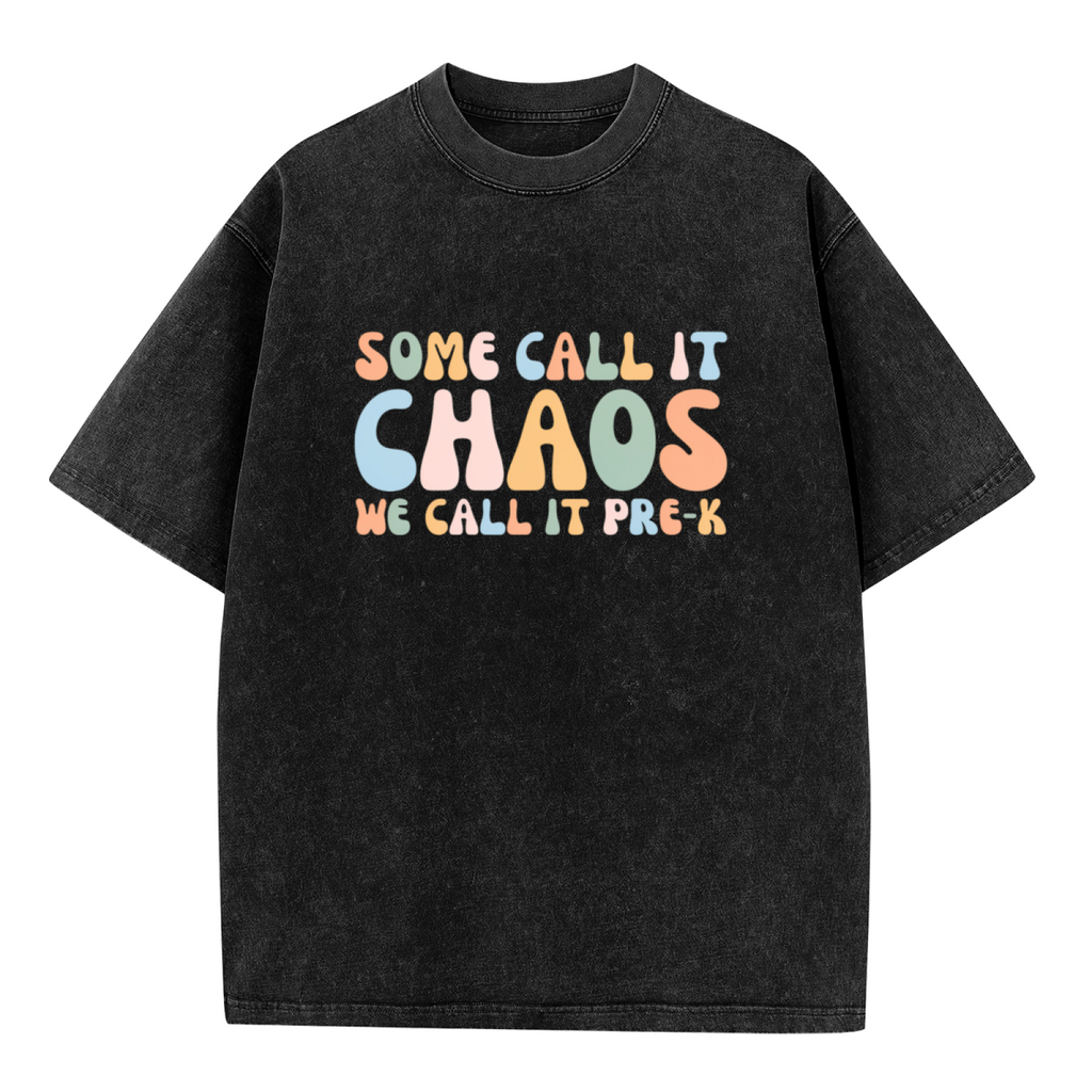 Unisex washed graphic T-shirt with Some Call It Chaos We Call It Pre-K themed design, product image