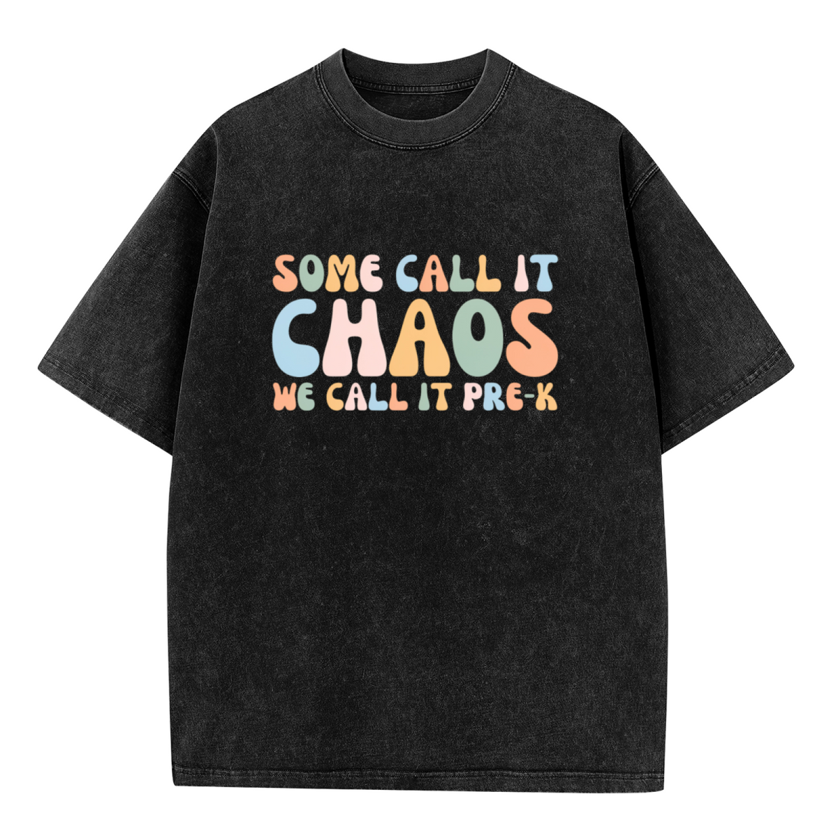 Unisex washed graphic T-shirt with Some Call It Chaos We Call It Pre-K themed design, product image