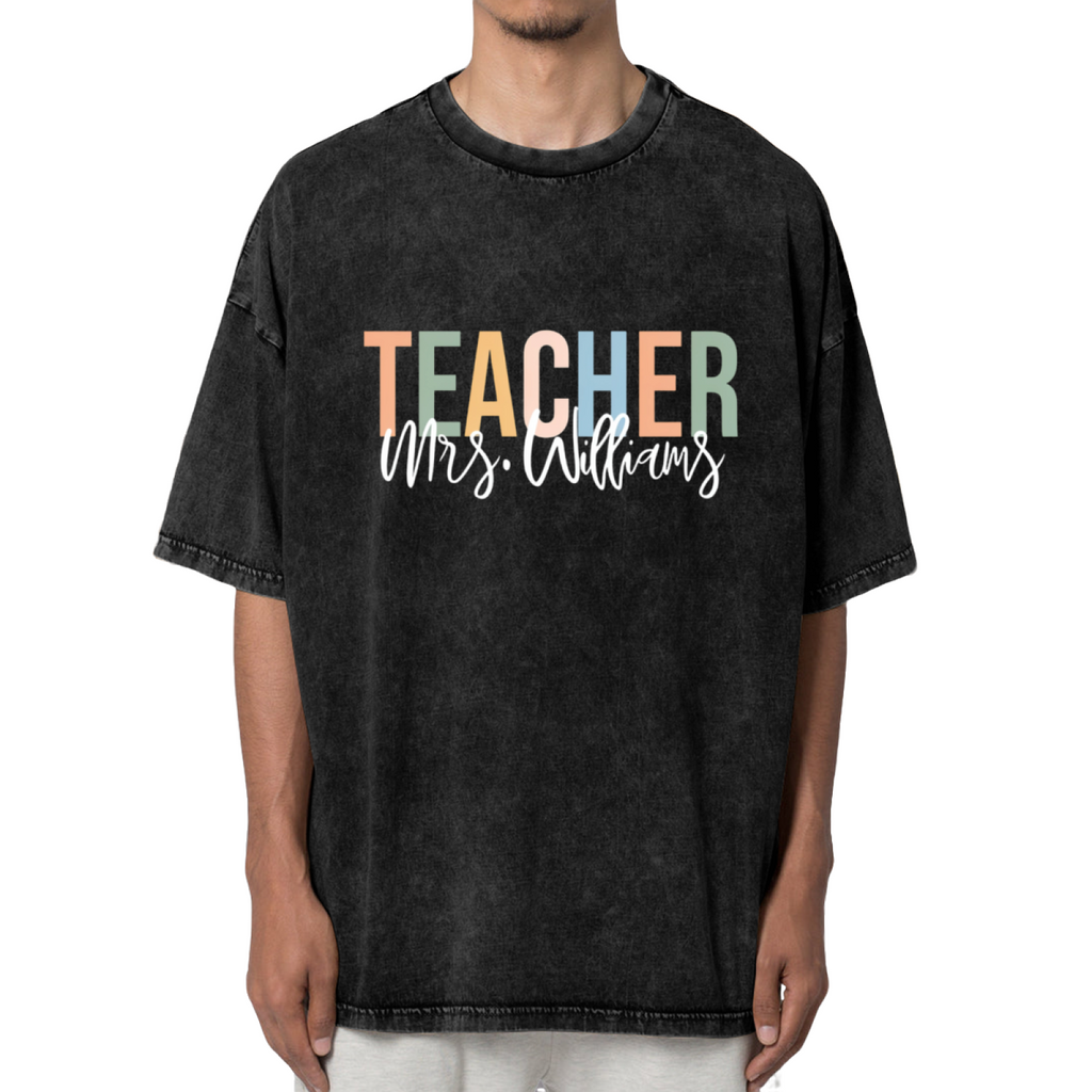 Unisex washed graphic T-shirt with Custom Teacher themed design, product image