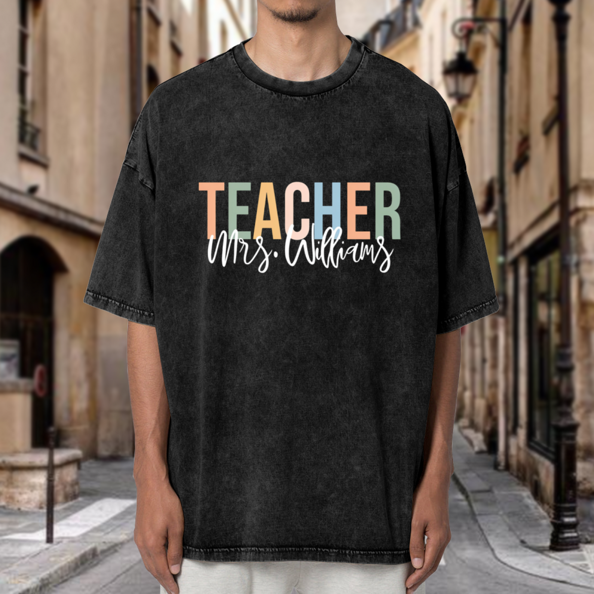 Unisex washed graphic T-shirt with Custom Teacher themed design, product image