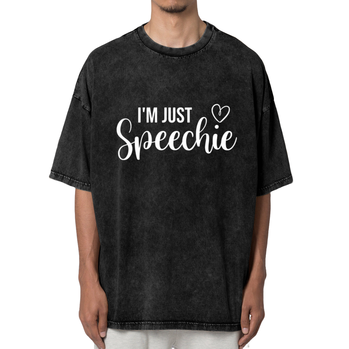 Product image of washed graphic T-shirt featuring 'I'm Just Speechie SLP' statement design