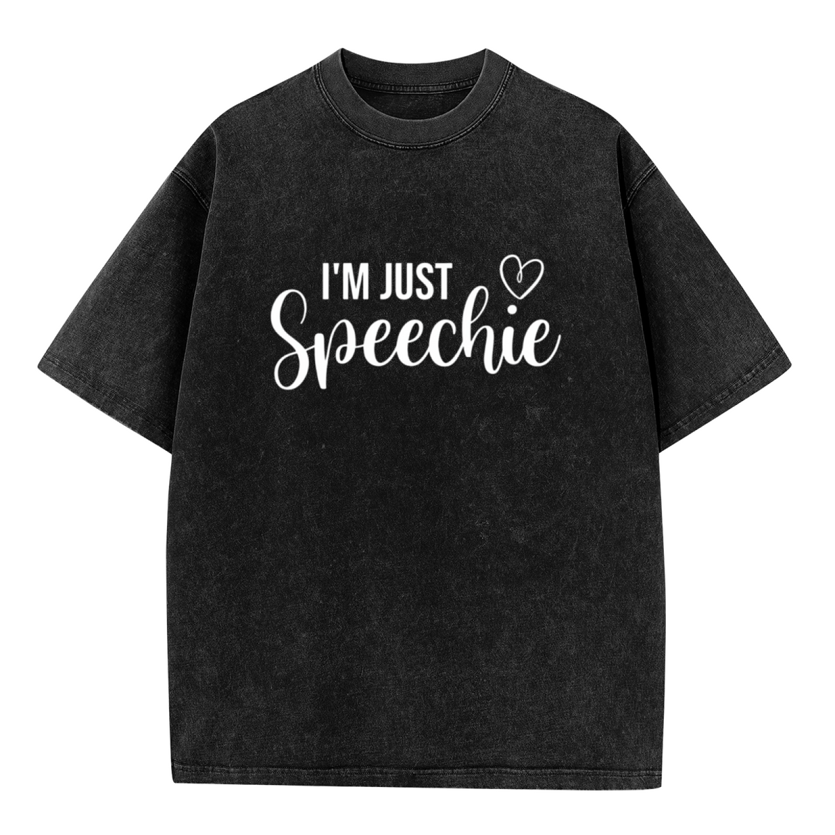 Product image of washed graphic T-shirt featuring 'I'm Just Speechie SLP' statement design