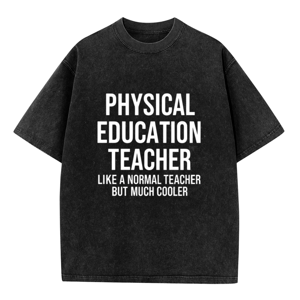 Unisex washed graphic T-shirt with Physical Education Teacher Like A Normal Teacher But Much Cooler PE Teacher themed design, product image