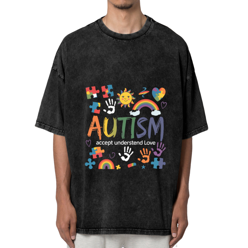 Product image of washed graphic T-shirt featuring 'Autism Accept Love Understand' statement design