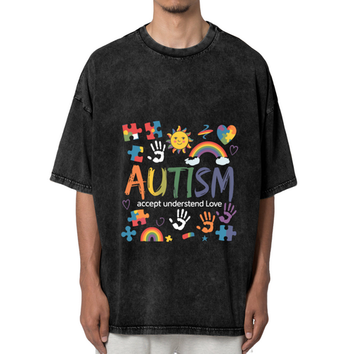 Product image of washed graphic T-shirt featuring 'Autism Accept Love Understand' statement design