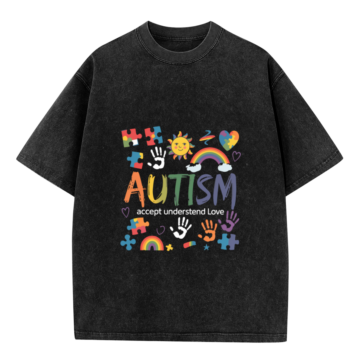 Product image of washed graphic T-shirt featuring 'Autism Accept Love Understand' statement design