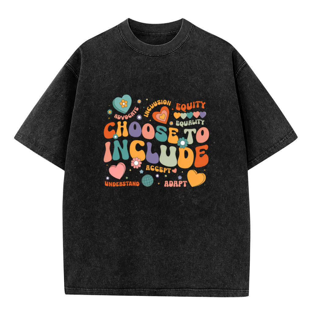 Unisex washed graphic T-shirt with Choose To Include themed design, product image