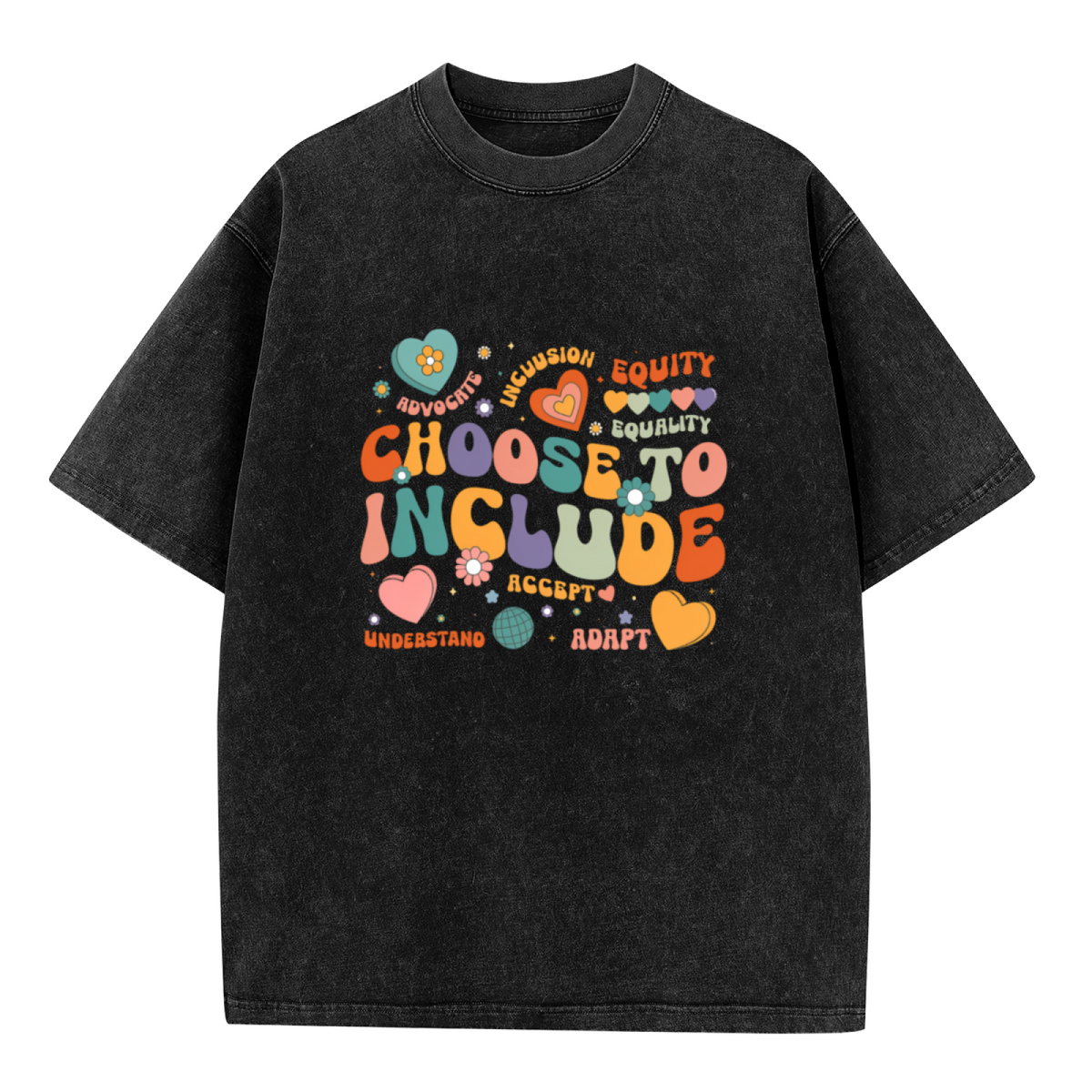 Unisex washed graphic T-shirt with Choose To Include themed design, product image