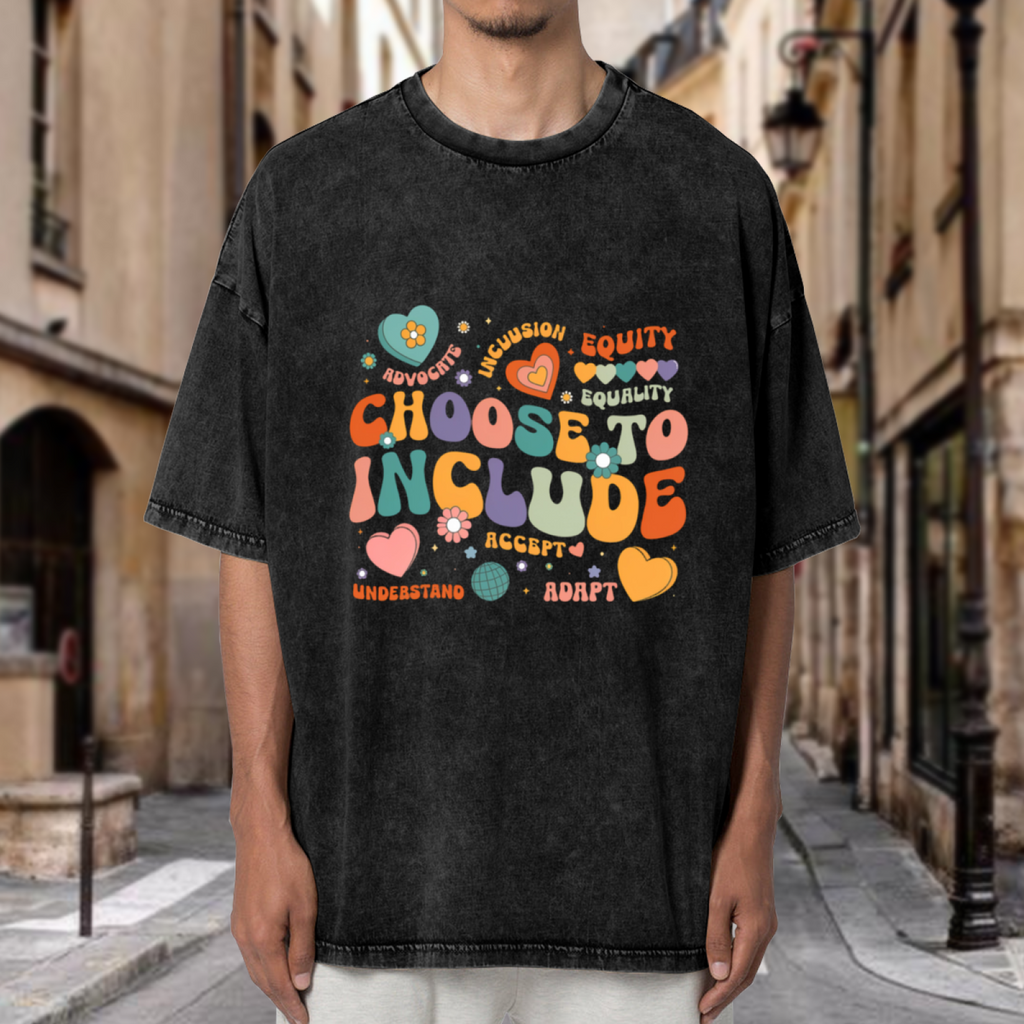 Unisex washed graphic T-shirt with Choose To Include themed design, product image