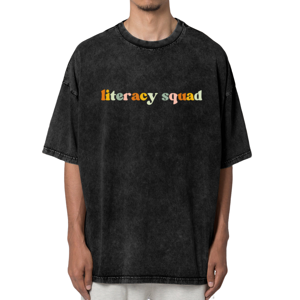 Unisex washed graphic T-shirt with Literacy Squad themed design, product image