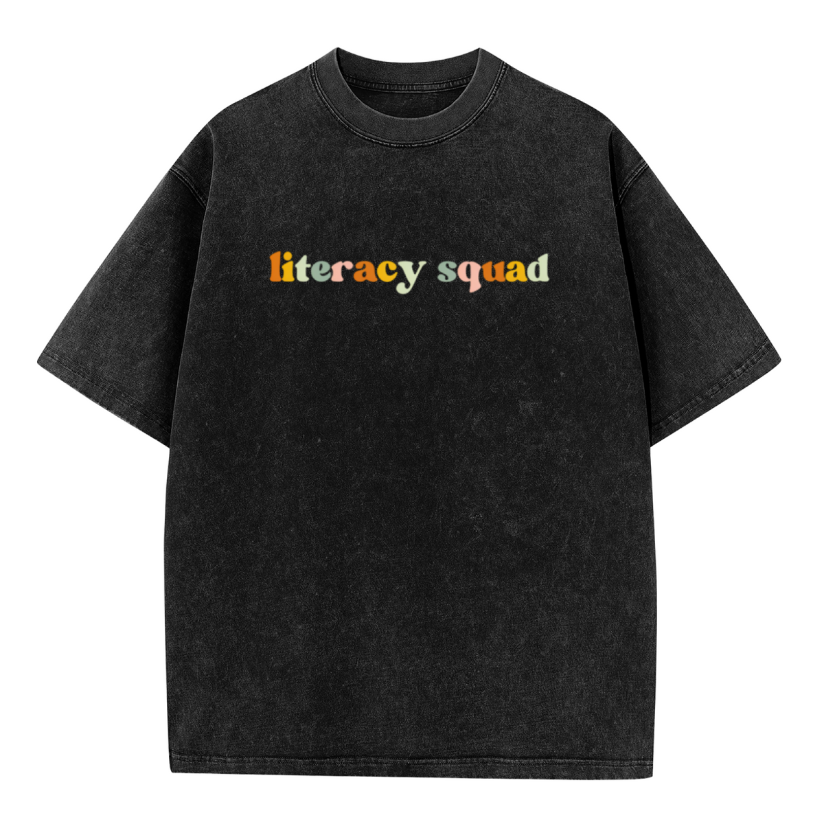 Unisex washed graphic T-shirt with Literacy Squad themed design, product image