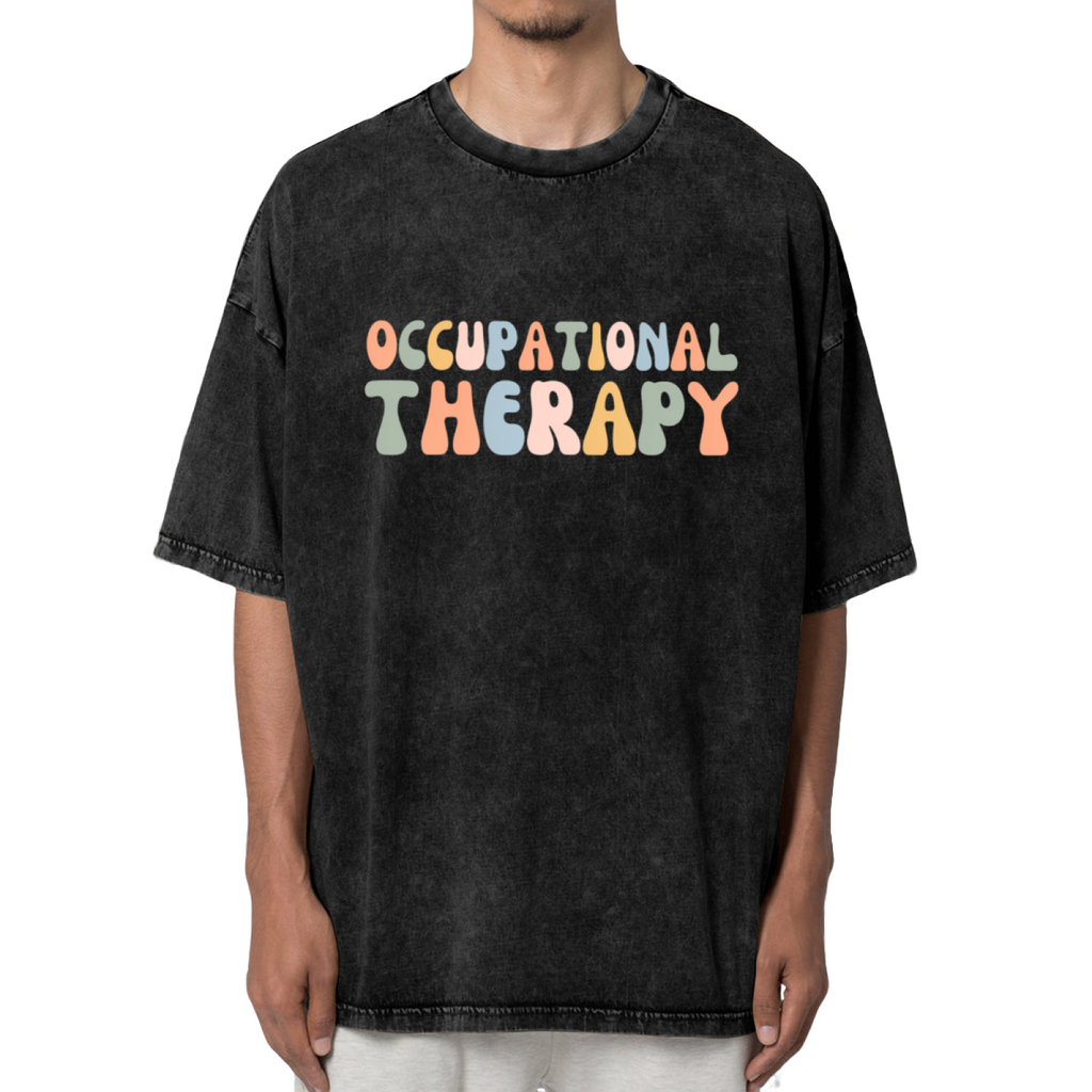 Product image of washed graphic T-shirt featuring 'Occupational Therapy' statement design