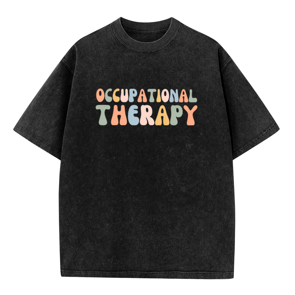 Product image of washed graphic T-shirt featuring 'Occupational Therapy' statement design