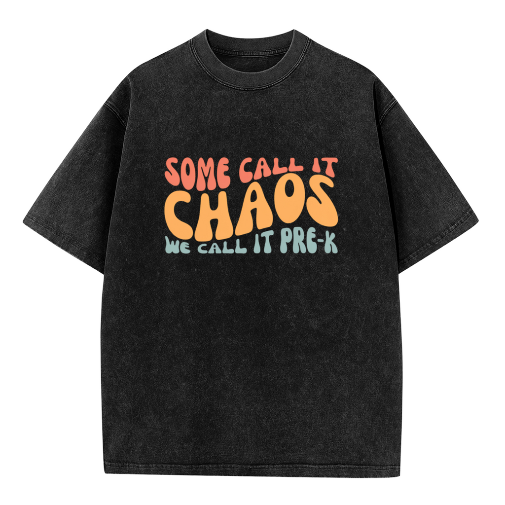 Unisex washed graphic T-shirt with Some Call It Chaos We Call It Pre-k themed design, product image