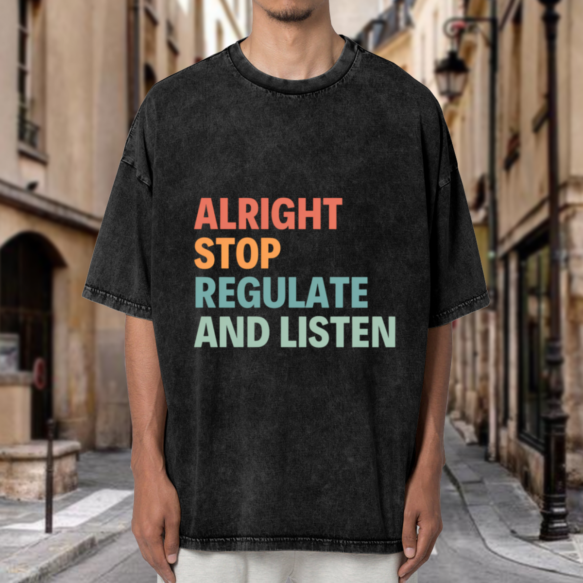 Unisex washed graphic T-shirt with Alright Stop Regulate And Listen Shirt Counselor themed design, product image