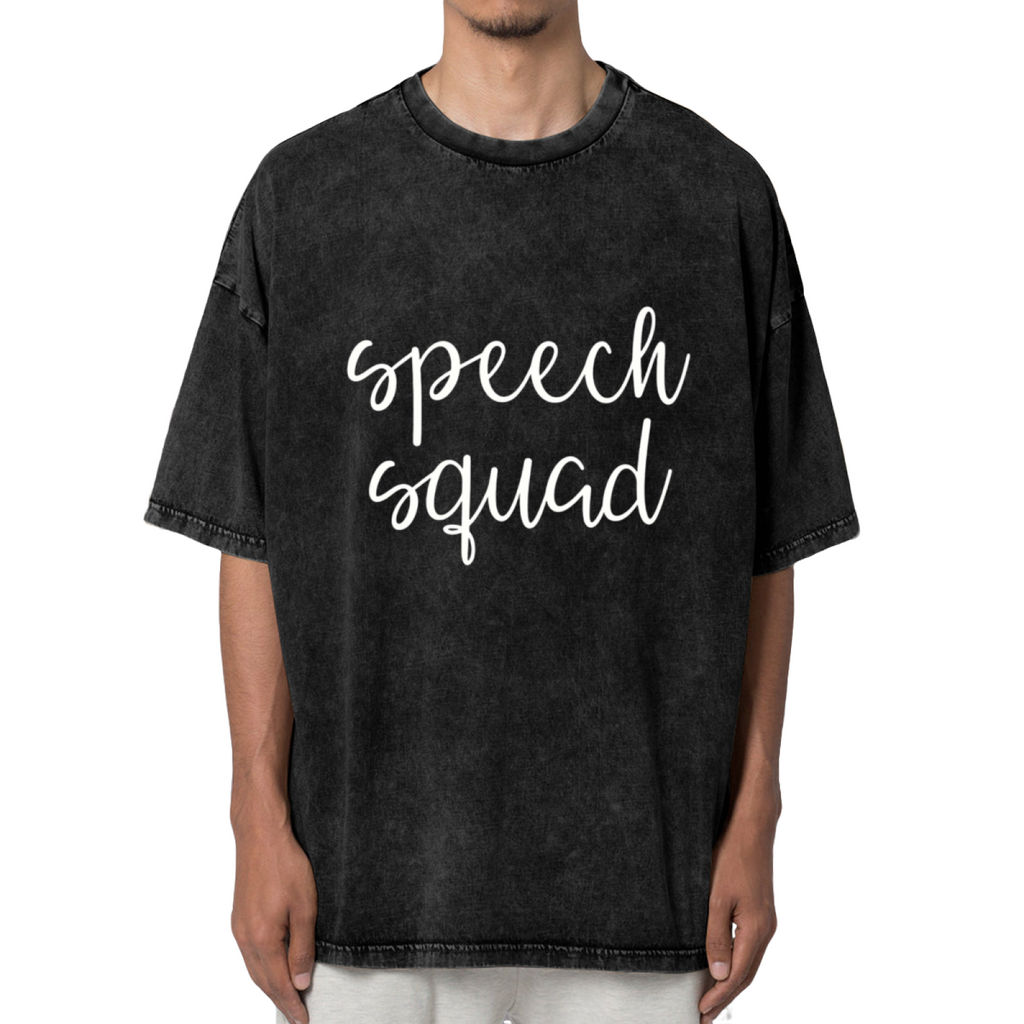 Product image of washed graphic T-shirt featuring 'Speech Therapist' statement design