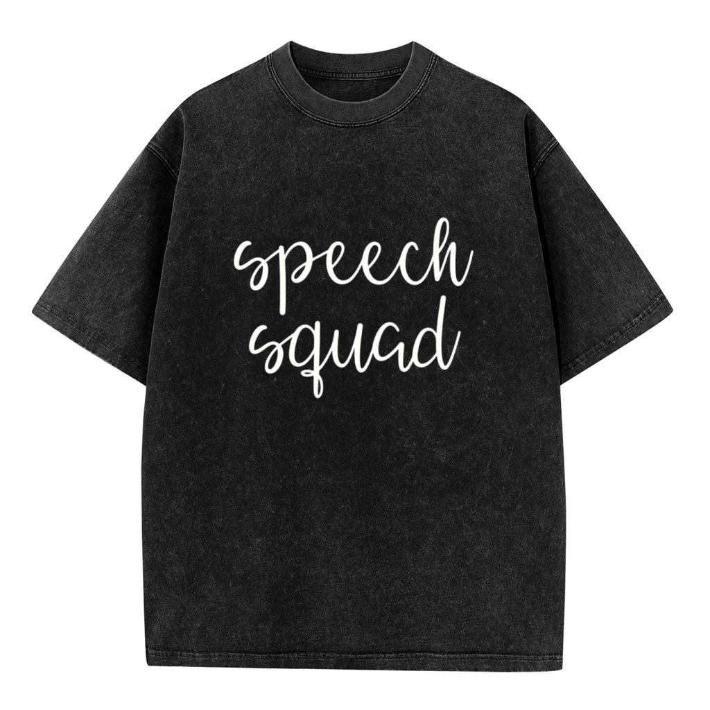 Product image of washed graphic T-shirt featuring 'Speech Therapist' statement design