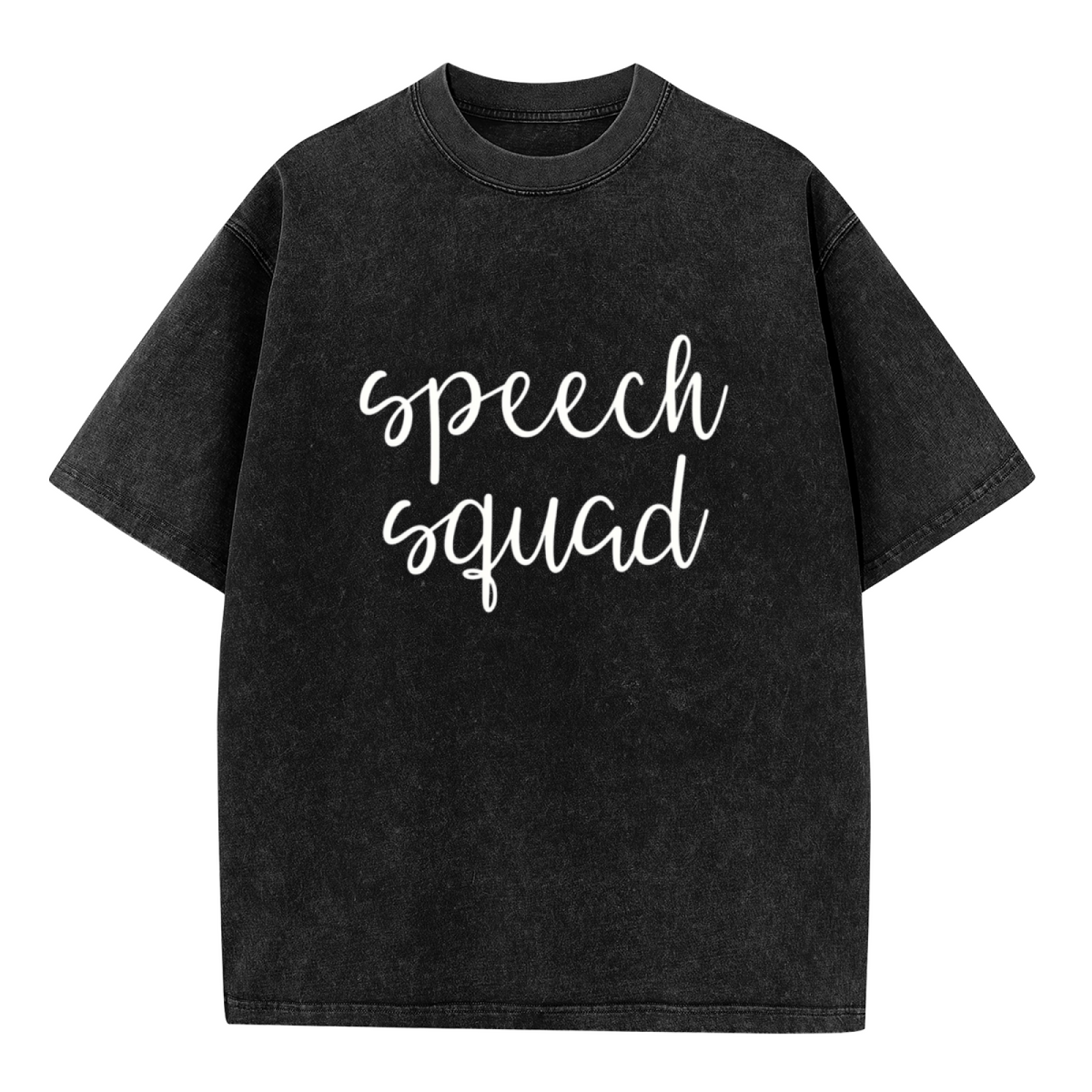 Product image of washed graphic T-shirt featuring 'Speech Therapist' statement design