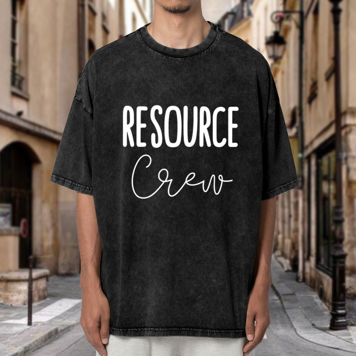 Unisex washed graphic T-shirt with Resource Crew themed design, product image